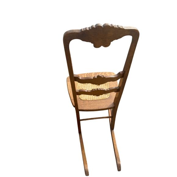 Antique Oak Rocking Chair w/ Carved Back & Cane Seat – 17” Wide Vintage rocker - Picture 8 of 10